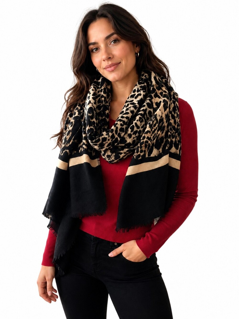 Chico's Leopard Print Scarf Shawl Wrap Black Beige Fringe Animal Print